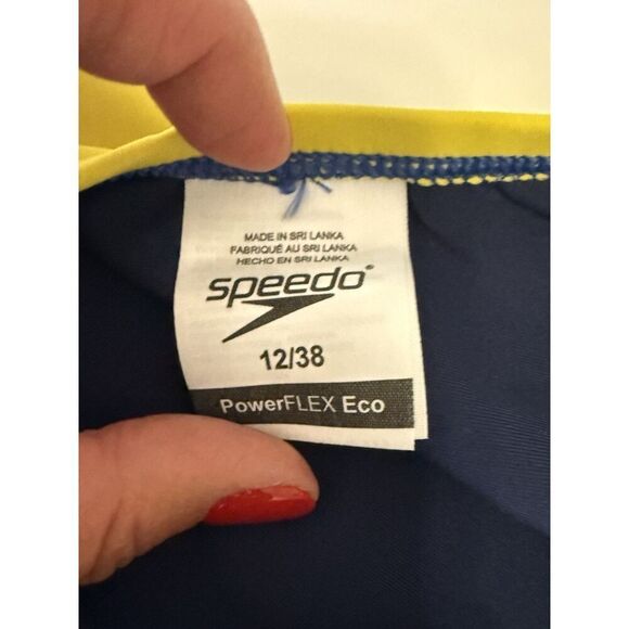 Speedo One Piece Swimsuit 12 Blue Yellow Gold Sporty PowerFlex Eco Splice Back - Picture 11 of 16